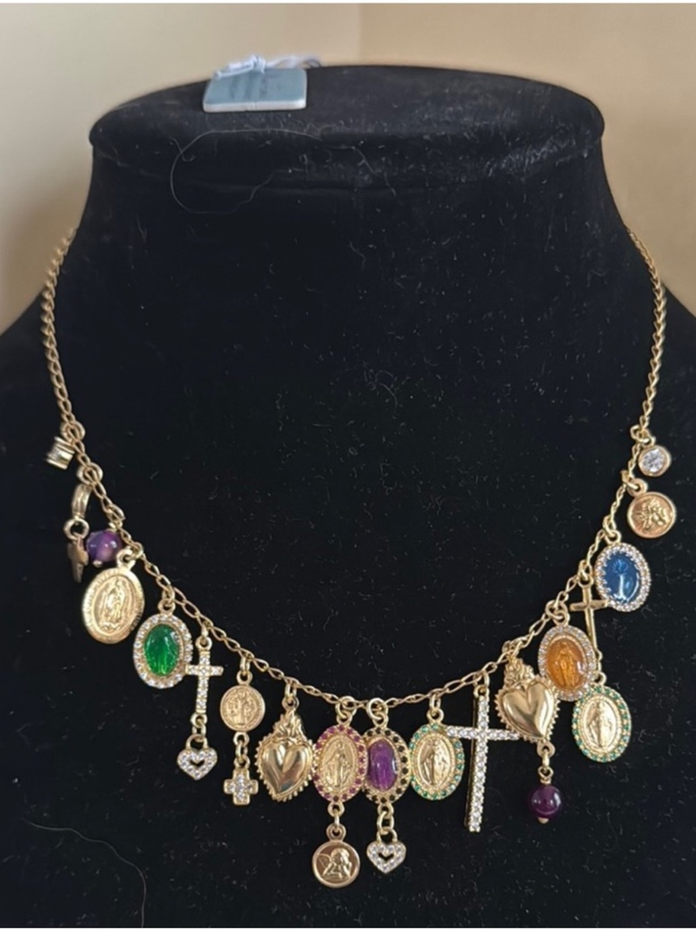 MIA FIORE 18KT Gold Plated Sterling Silver Religious Crystal Charm Necklace NWT